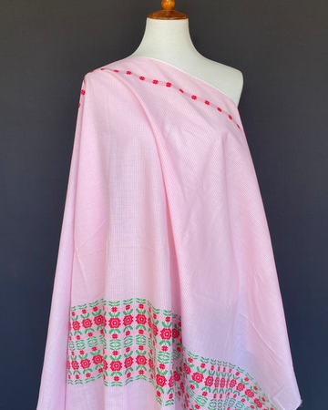 Early 1960s Pink gingham  Floral Embroider  Border Print Cotton